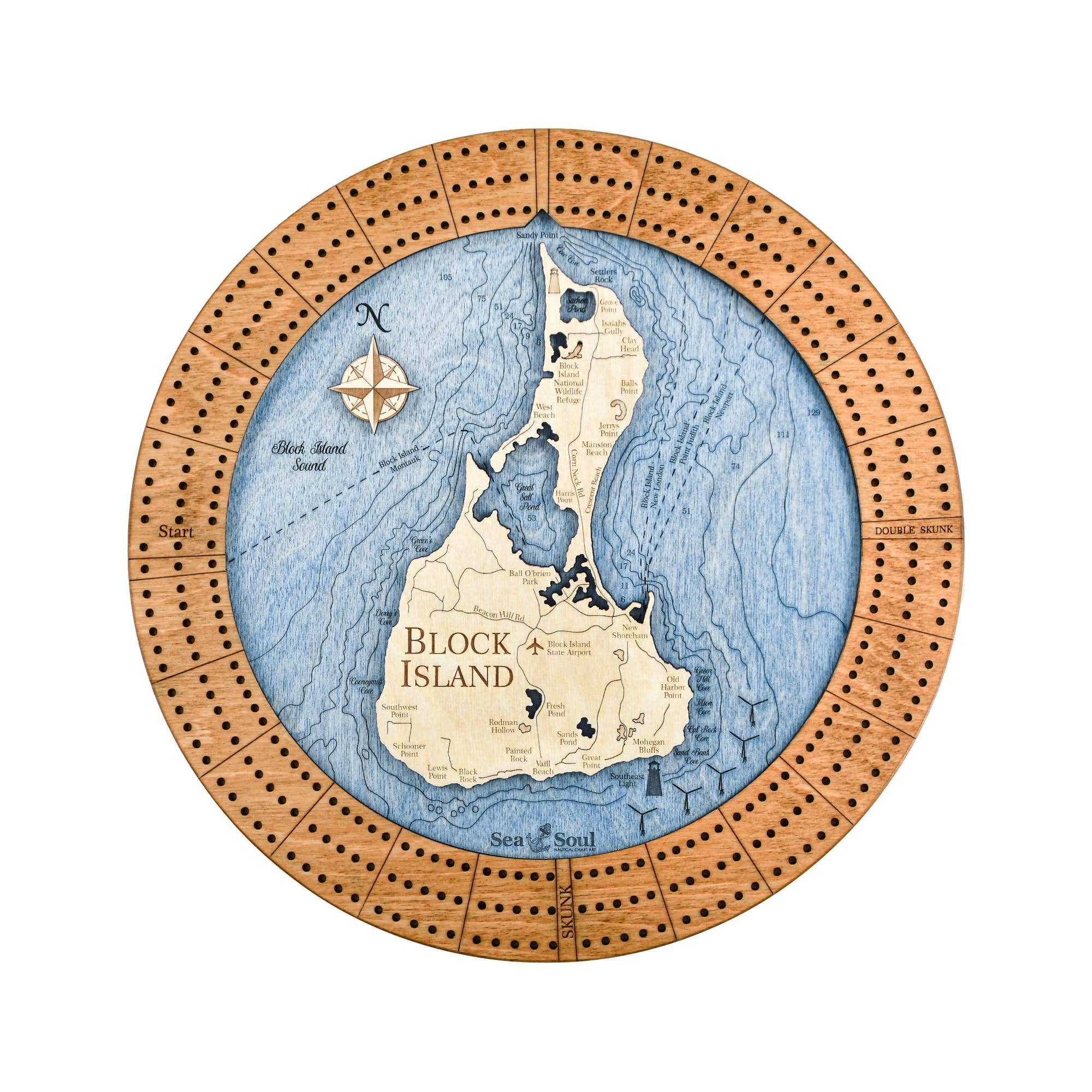 Sea & Soul Nautical Chart Art - Vente Jeux de cartes - Planche de cribbage en bois nautique personnalisée de Block Island10