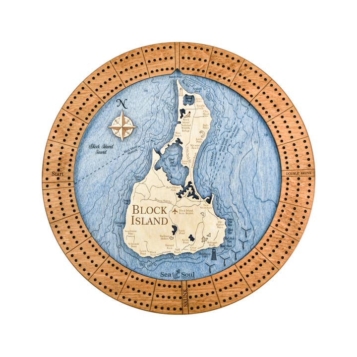 Sea & Soul Nautical Chart Art - Vente Jeux de cartes - Planche de cribbage en bois nautique personnalisée de Block Island10