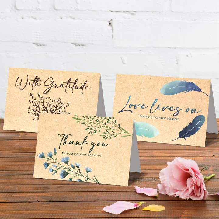 24 Funeral Thank You Cards - 4.5 x 6.25” Rustic Kraft Style for wholesale by T Marie