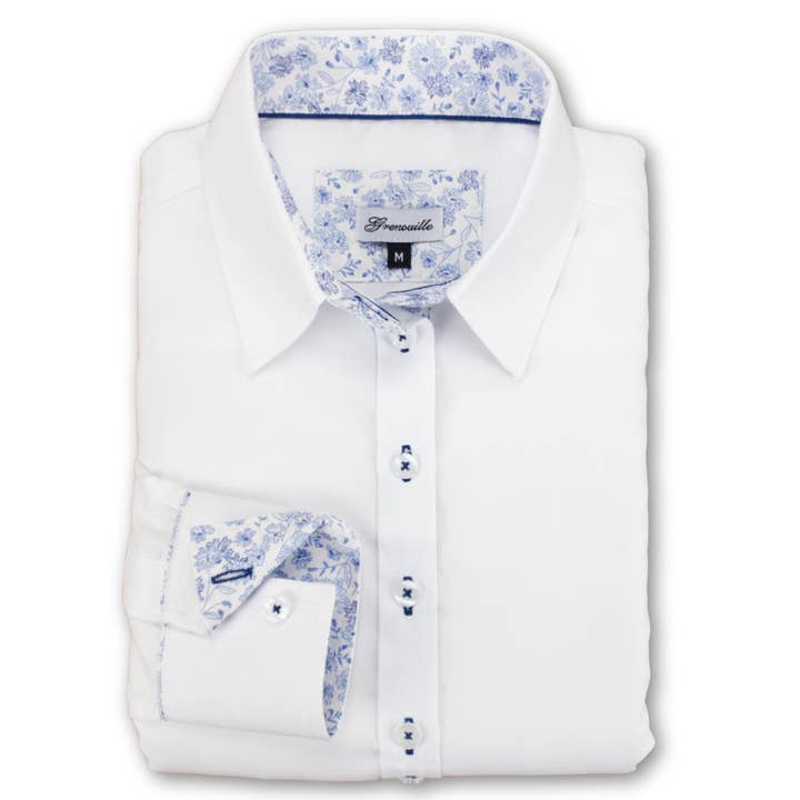 Grenouille Damen Weißes Hemd mit blauen Blumenmuster-Akzenten für den Großhandel von Salamander Shirts Ltd