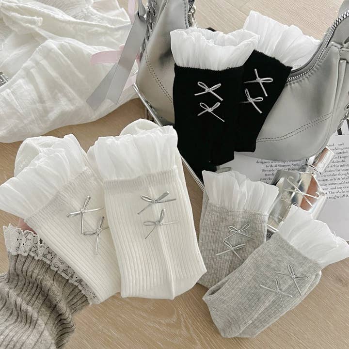 Funkyrel® Atzbranding Limited - Wholesale Socks - Women's - Rufia - Sheer Mesh Panel Socks with Bow Detail3