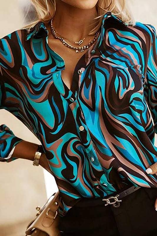 BLUE MULTI print long sleeve blouse for wholesale on Faire2