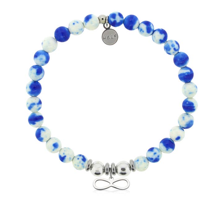 Pulsera benéfica con amuleto infinito con jade azul y blanco para venta al por mayor de H.E.L.P
