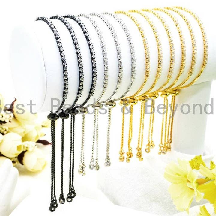 Bracciale regolabile, CZ Pave Stud Bracelet oro/argento/oro rosa/canna di fucile, gioielli da sposa, bracciale Swarovski, SKU #P13 per la vendita all'ingrosso da parte di BestBeads&Beyond