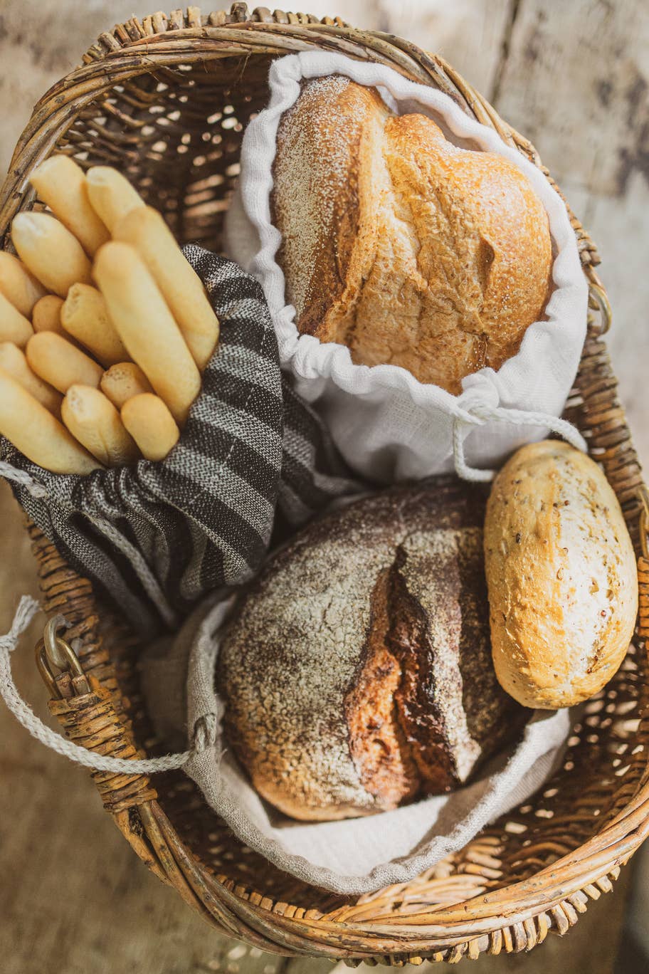 Gray Black Stripes READY TO SHIP, Linen Bread Bag With Drawstrings for wholesale on Faire2