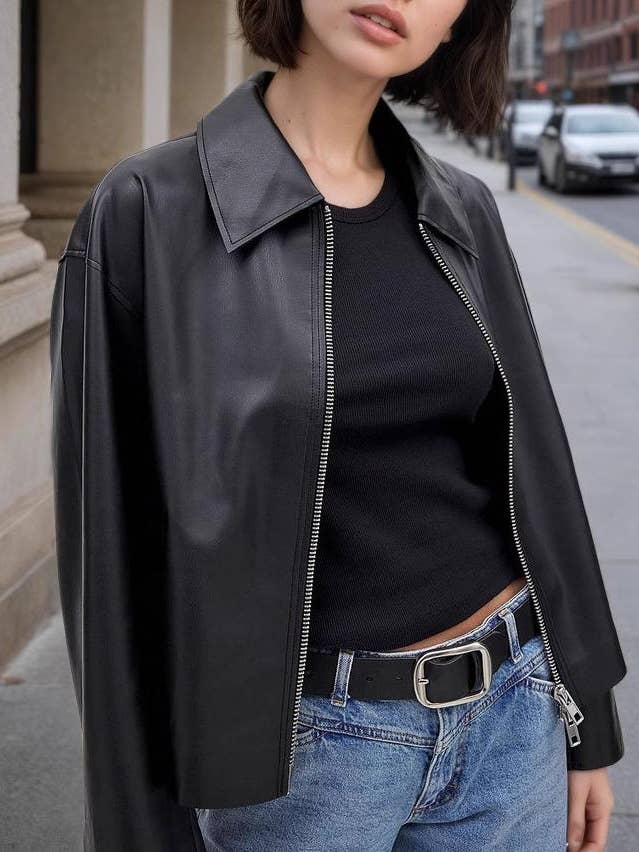 Faux Leather Zip-Up Jacket with Classic Collar for wholesale by Anna Kaci Wholesale