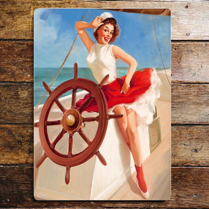 Funny Metal Cocktail Sign w/Retro Pinup Pirate Hat Girl Wall Decor Funny Metal Cocktail Sign w/Retro Pinup Pirate Hat Girl Wall Decor