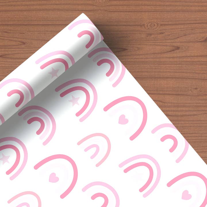 Pink Boho Rainbows & Hearts Pattern Wrapping Paper Custom Printed Gift Wrap for wholesale by House of Binky