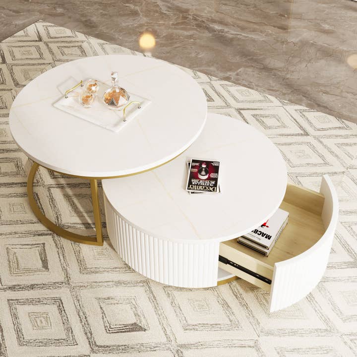 39F Inc. - Wholesale Coffee Table - 31.5" Modern Round Nesting Coffee Table - White & Gold2