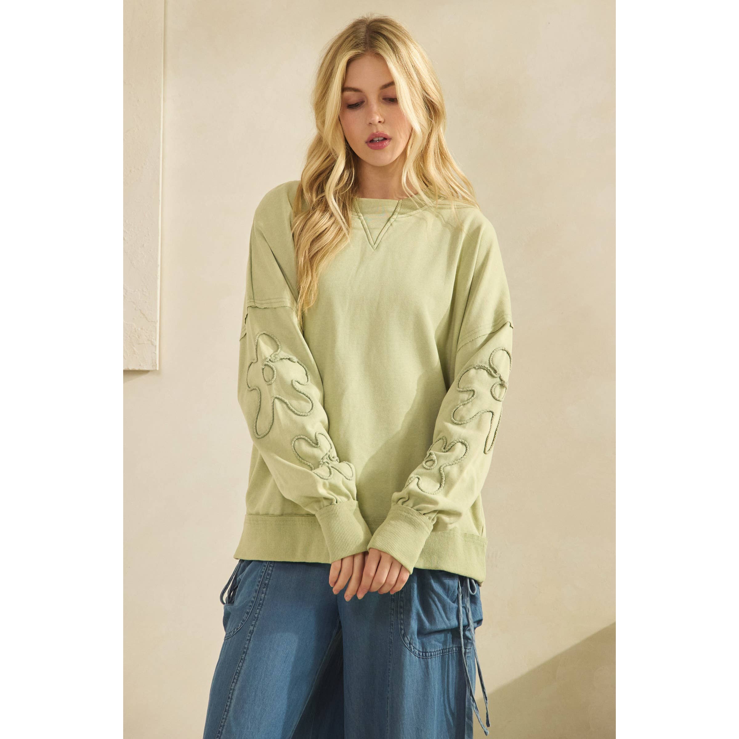 Sage SQUIGGLE SLEEVE PULLOVER SWEATSHIRT (ST7971) for wholesale on Faire6