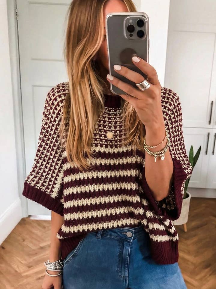 Suhkasana - Wholesale Knit Sweater - Women's - Red Striped Slouchy Knit Sweater with 3/4 Draped Sleeves10