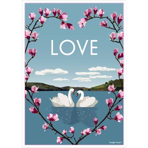 Love Swans | Poster in stile vintage/Art Déco per la vendita all'ingrosso da parte di Jennifer Cooper Designs