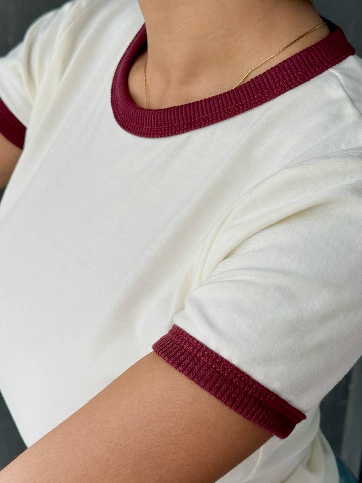 Artree - Wholesale T-Shirt - Women's - Ringer Tee Blank Off White Burgundy Women's Fitted Top
