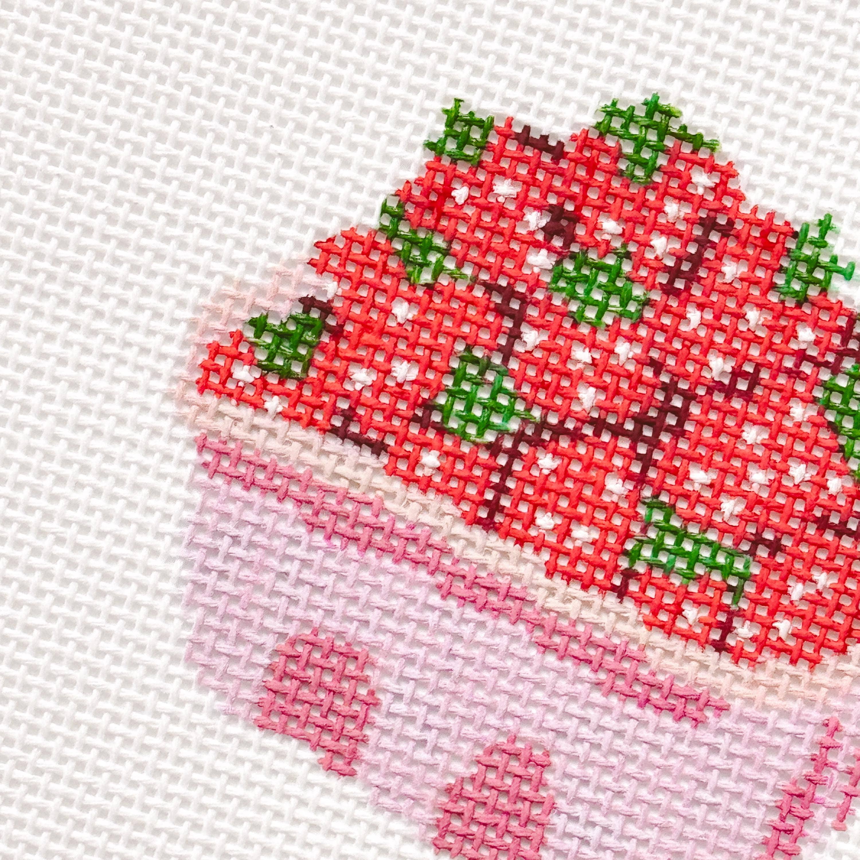 Cotswold Co Designs - Wholesale Embroidery/Cross Stitch Supplies - Strawberry Basket Needlepoint Canvas 18 Mesh 4” Design, Summer Strawberries Needlepoint Canvas modern Hand Painted5