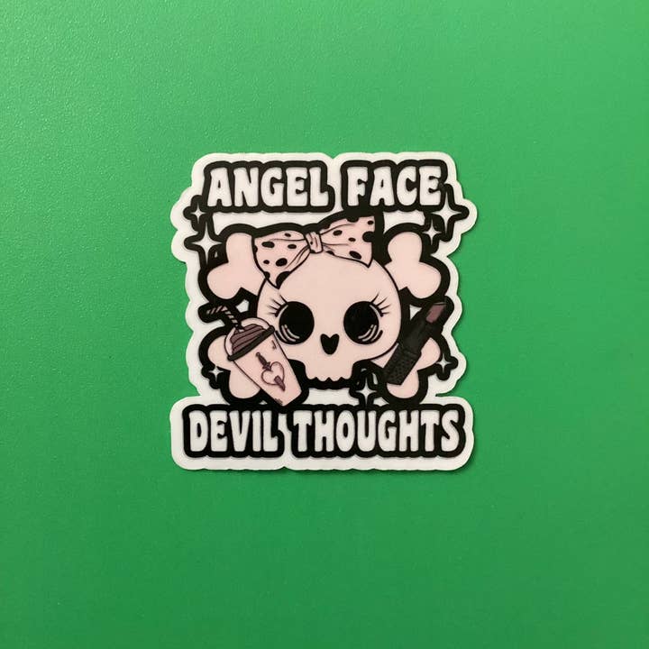 Angel Face Devil Thoughts vinyl sticker for wholesale by Forever Yours, Me