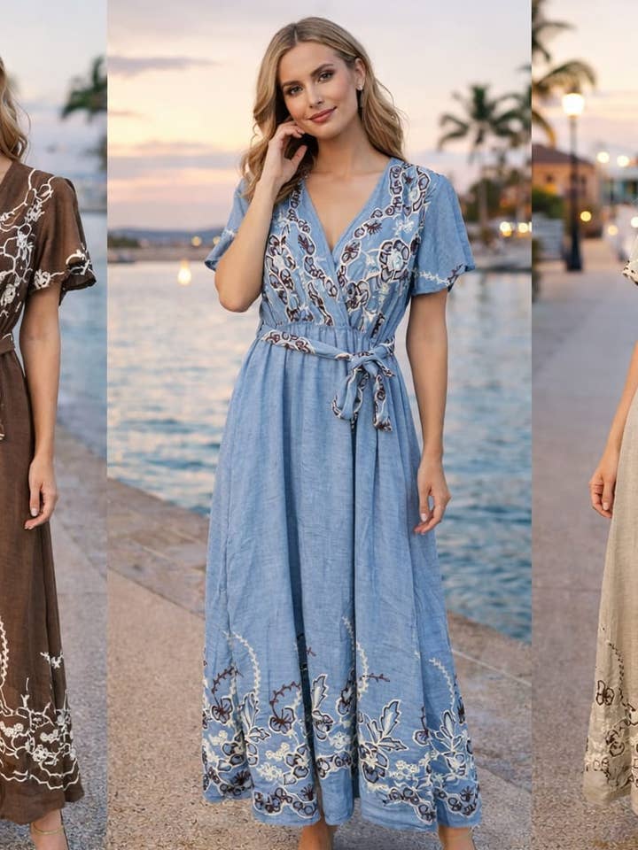 Abito maxi ricamato effetto lino indiano per la vendita all'ingrosso da parte di Kurt Muller