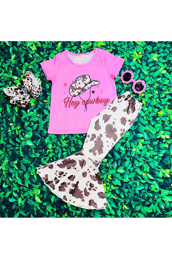 luluclothes - Wholesale Top & Pant Set - Kids - "HEY COWBOY" pink & cowhide 2pc set XCH0666-14H1