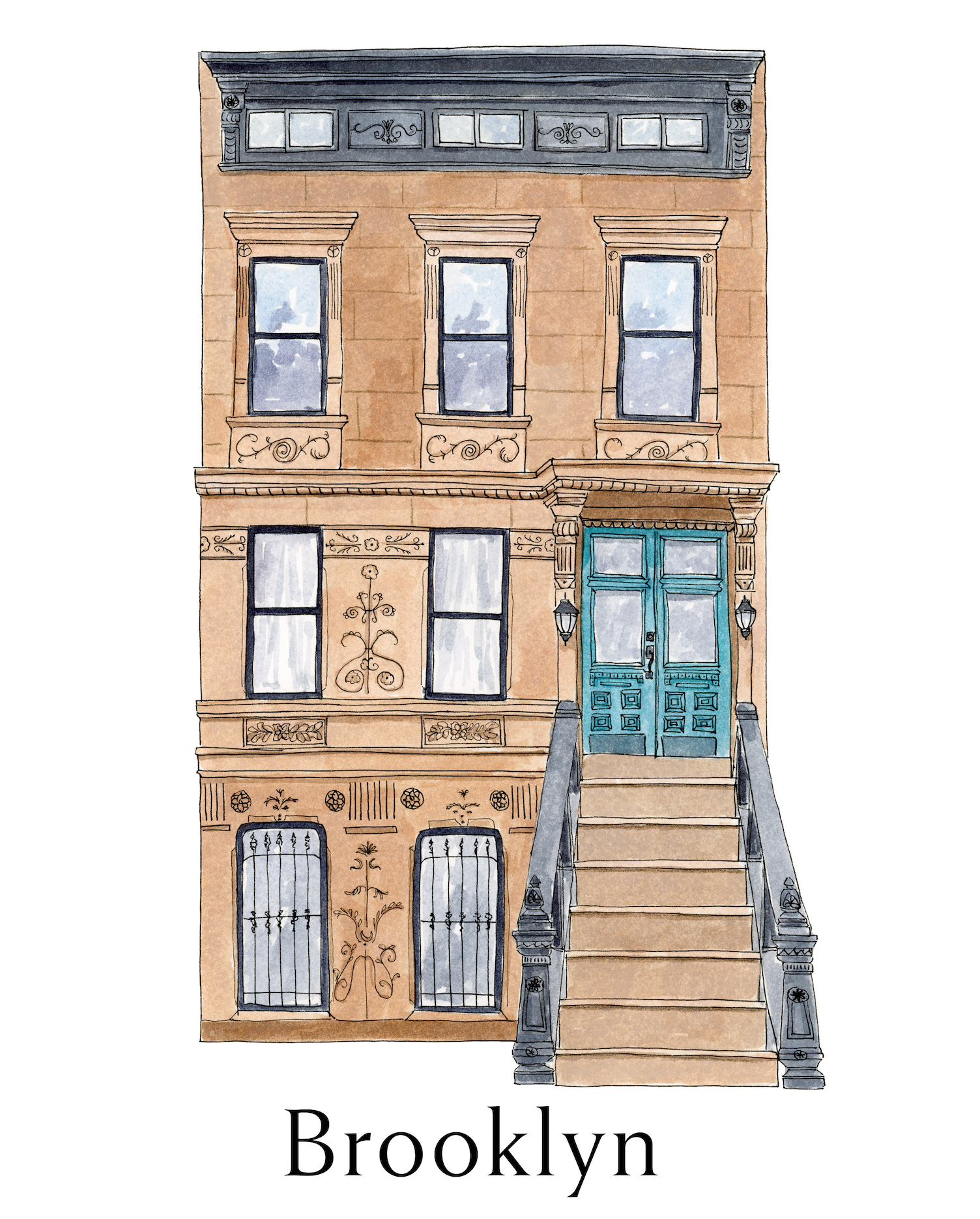 Pintalustika - Joyful Urban Illustrations - Wholesale Art Print - Brooklyn Brownstone Art Print, New York City 1