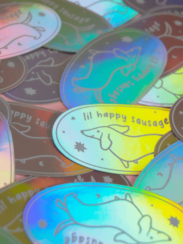 Happy Sausage Dog Holographic Sticker for wholesale by State Of The Marth