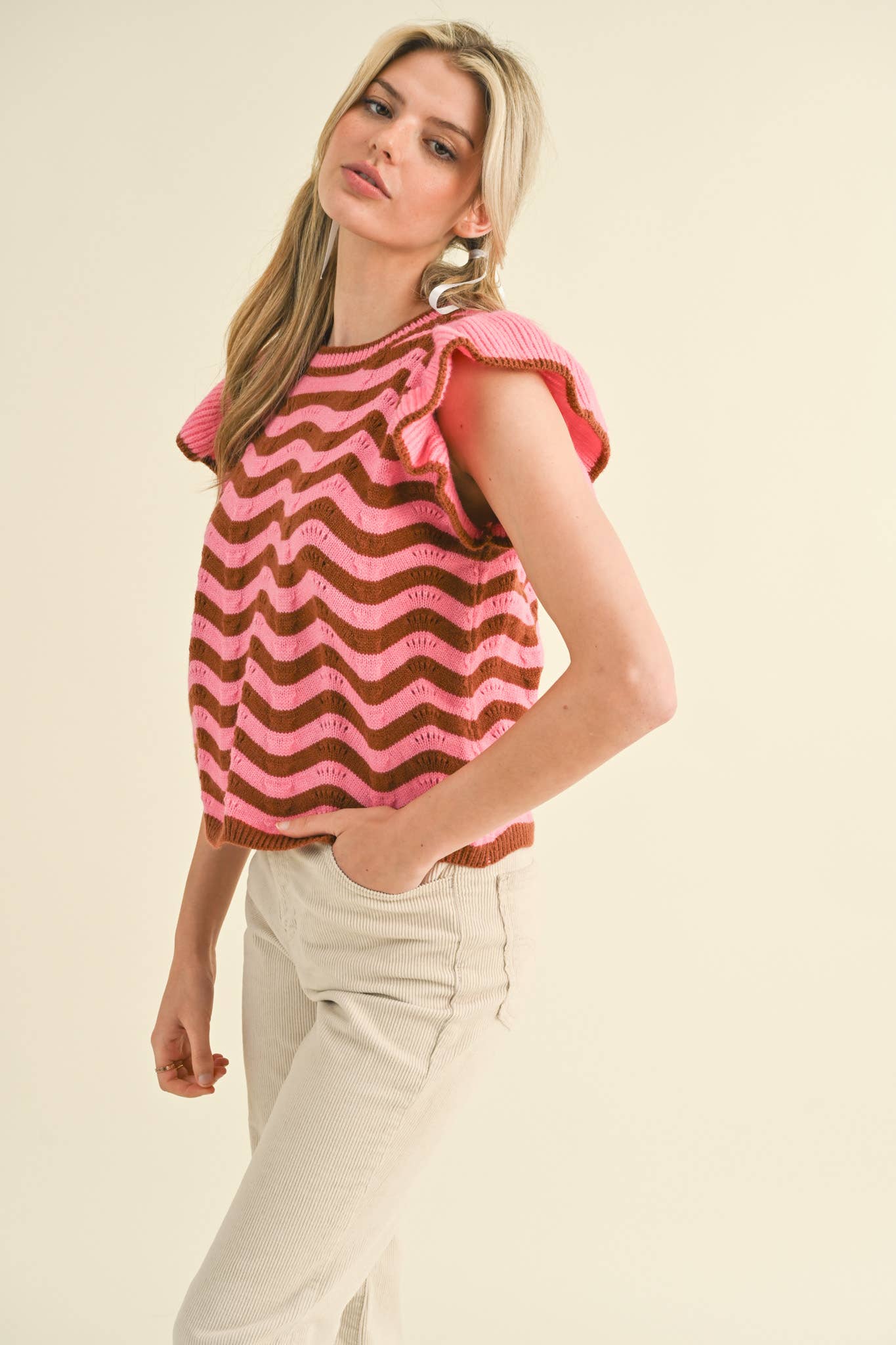 &MERCI - Wholesale Knit Sweater - Women's - WAVY STRIPES FLUTTER SLEEVE SWEATER TOP MSW1050927