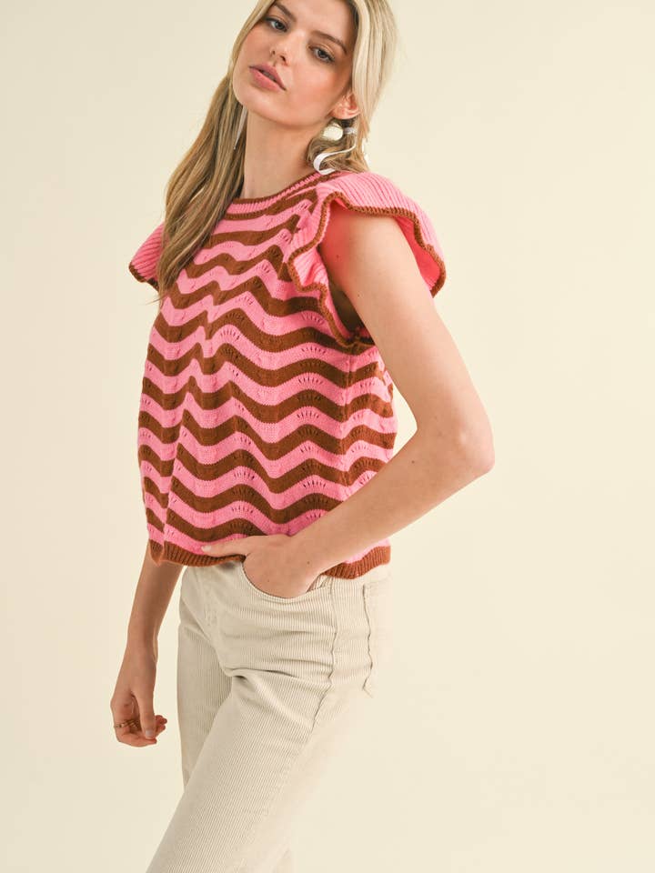 &MERCI - Wholesale Knit Sweater - Women's - WAVY STRIPES FLUTTER SLEEVE SWEATER TOP MSW1050927