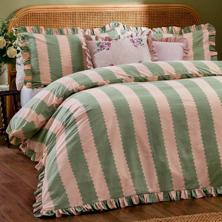 Pink Green Birdie Stripe Ruffle Duvet Cover Set Pink/Green for wholesale on Faire