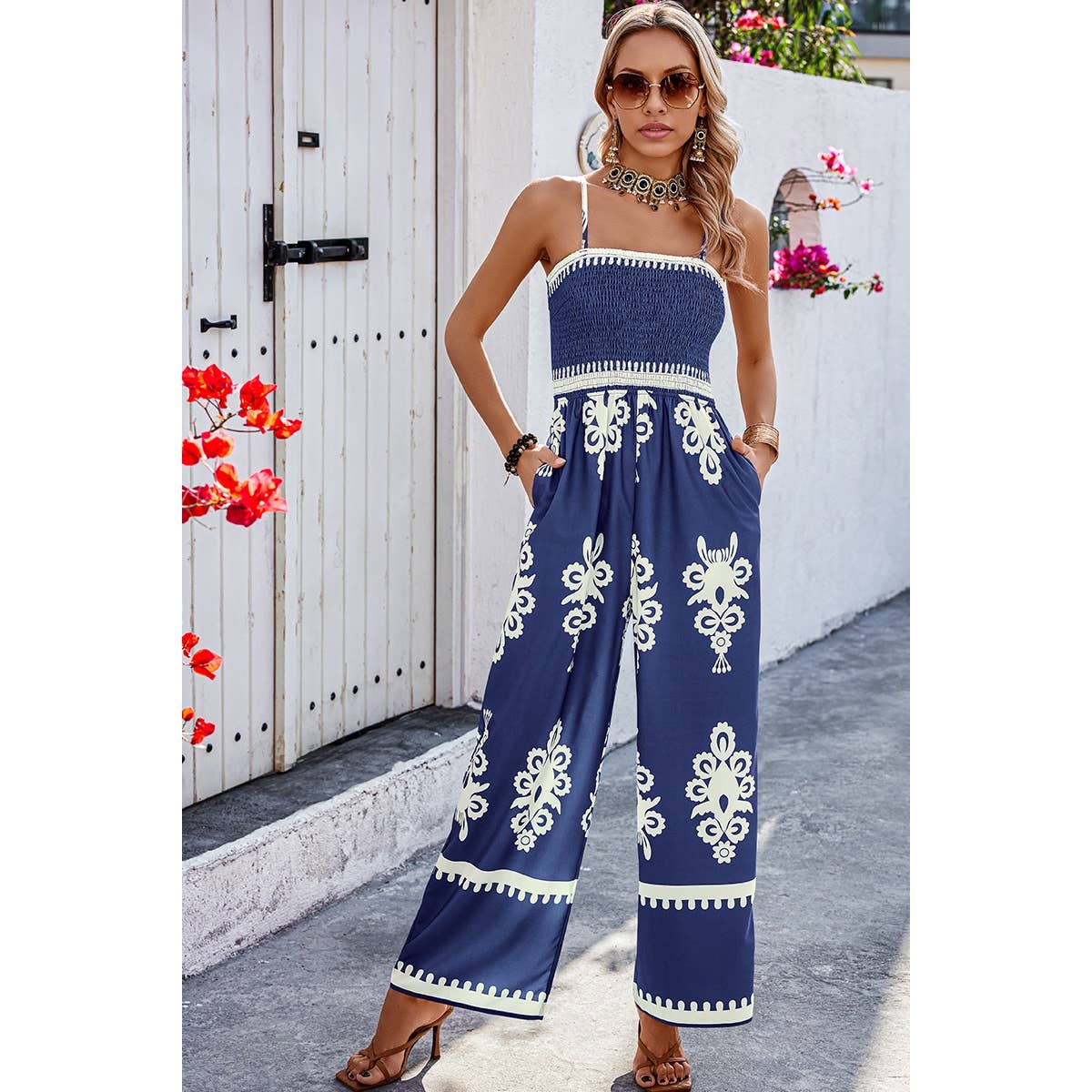 Supreme Fashion – wholesale Jumpsuit – Women's – Geo Print Off Shoulder High Waist Fit Jumpsuit3