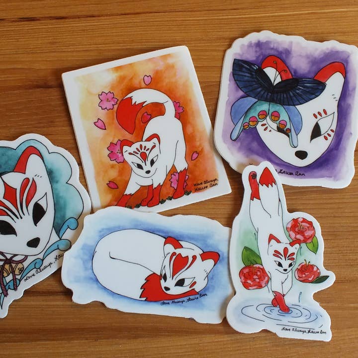 Guardian Fox Watercolor Stickers - Waterproof 3" Sticker for wholesale by Love Always, Laura Ann