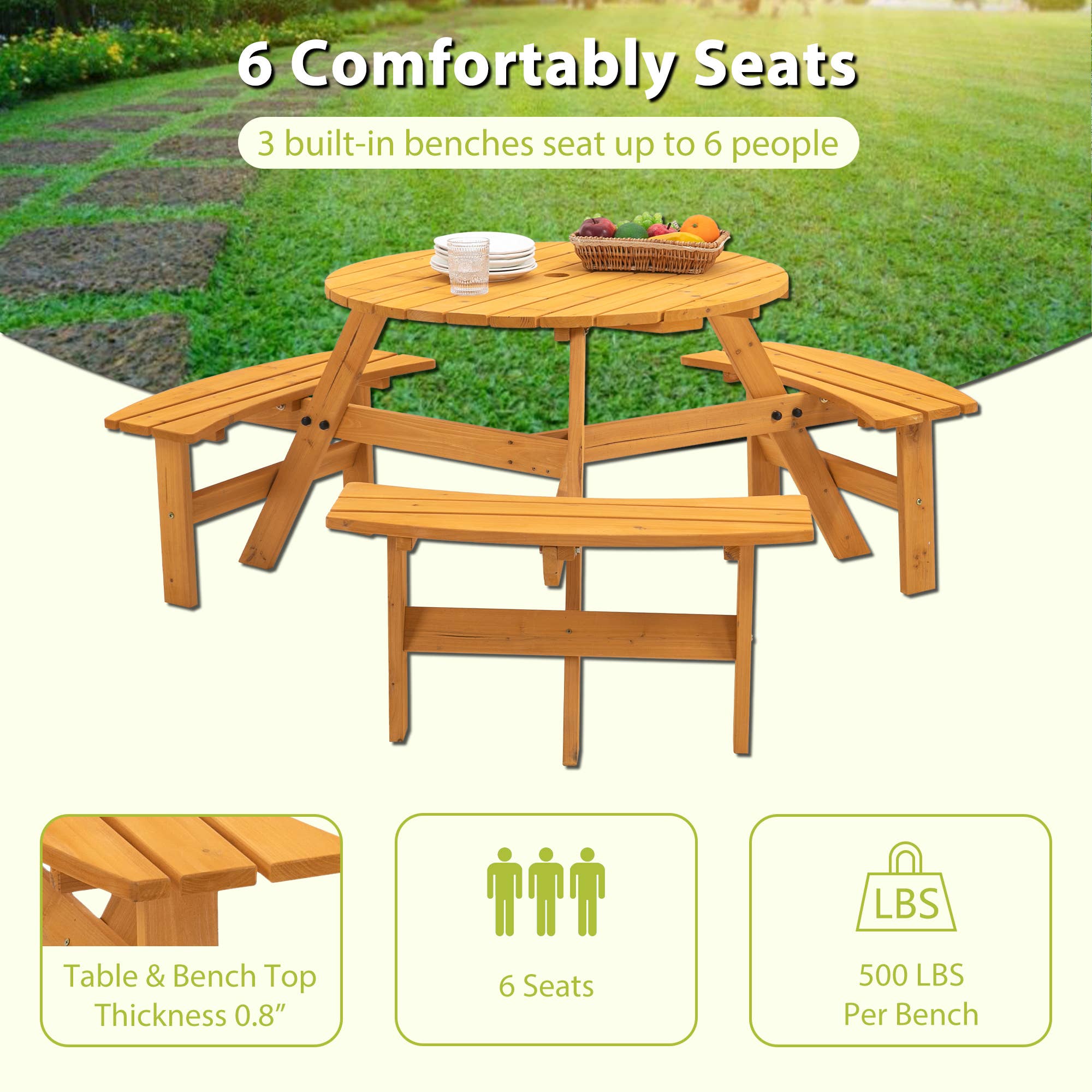 39F Inc. - Wholesale Patio Set - 6-Person Outdoor Wooden Picnic Table with Benches–Brown/Natu10