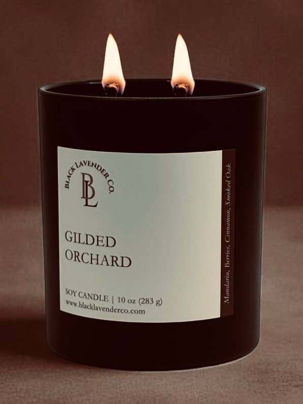Frutteto Dorato - Candela di Soia in Vetro Nero Opaco da 10 oz. per la vendita all'ingrosso da parte di Black Lavender Co.