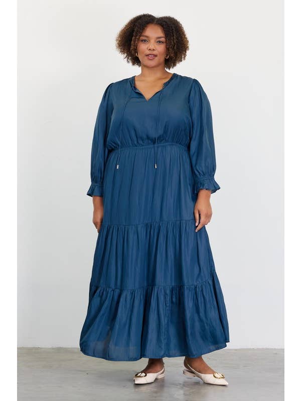 SKIES ARE BLUE - Wholesale Dress - Women's - Plus Size Long Sleeve Split Neck Maxi Dress3