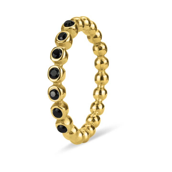WJW - Wholesale Multi-Stone Ring - 18k Gold PVD Coated Beaded Stainless Steel CZ Stacking Ring