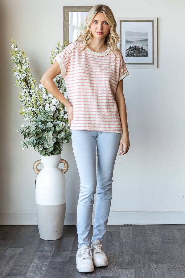 7th Ray - Venta al por mayor Jersey corto de punto - Mujer - Top de manga corta con abertura lateral y textura de rayas T58658