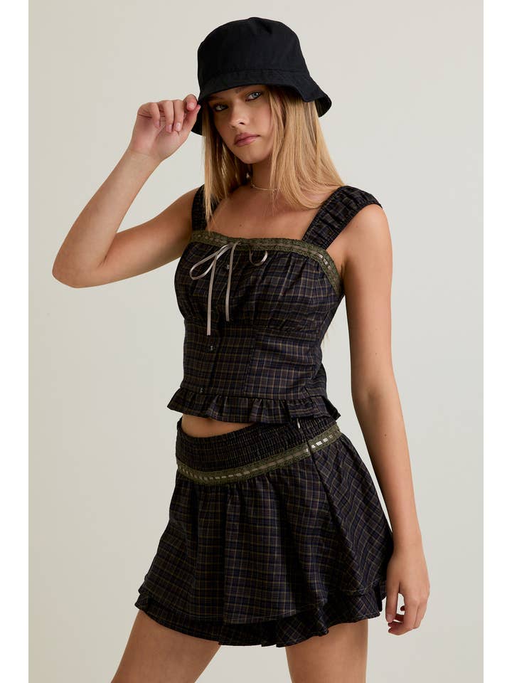 OLIVE NAVY PLAID SLEEVELESS TOP WITH TRIM DETAIL WITH MID RISE SKIRT for wholesale on Faire2