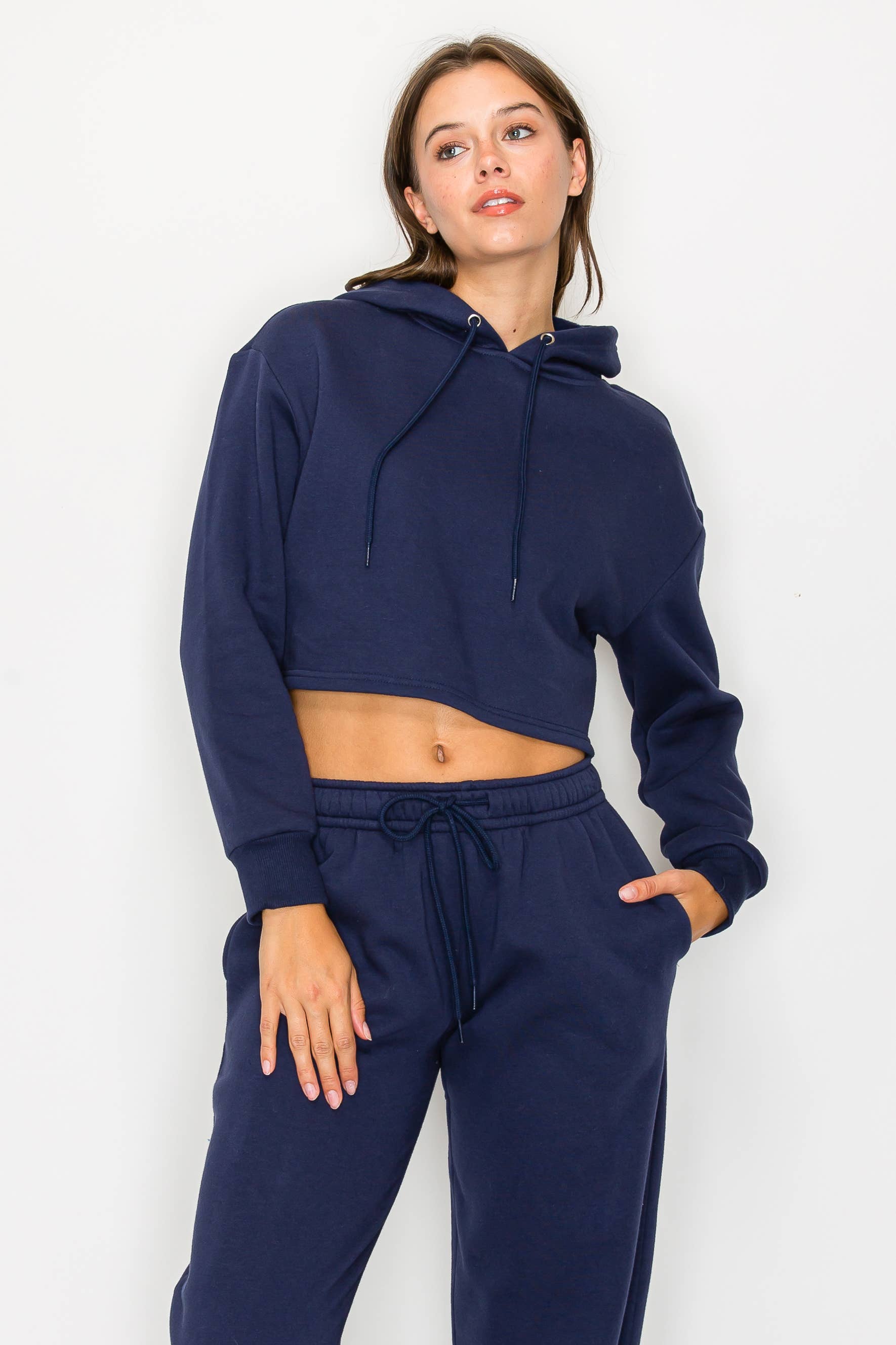 Color 5 - Wholesale Hoodie - Women's - Solid color fleece lined crop pull over hoodie jacket 16