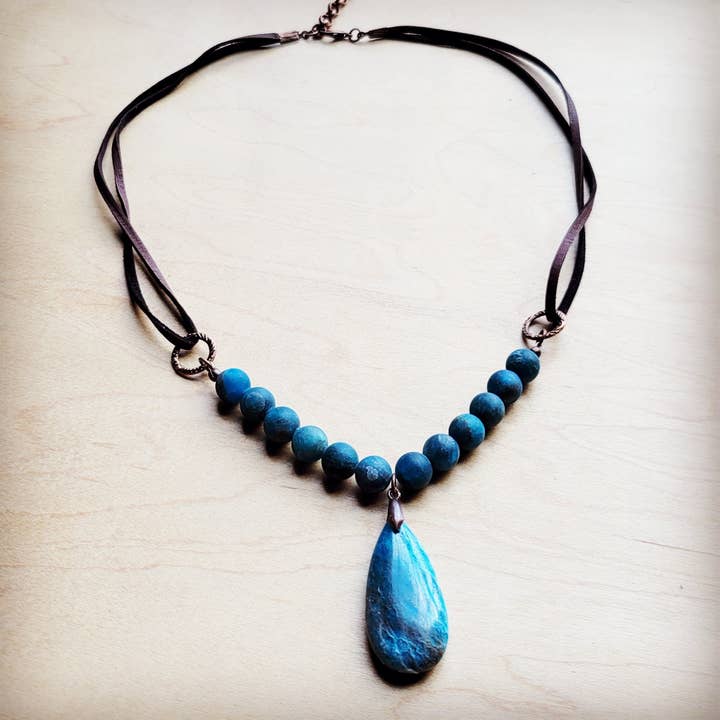 The Jewelry Junkie – Colar pingente/pendente por atacado – Colar de Ágata Oceânica com Detalhe em Pele Genuína 260e