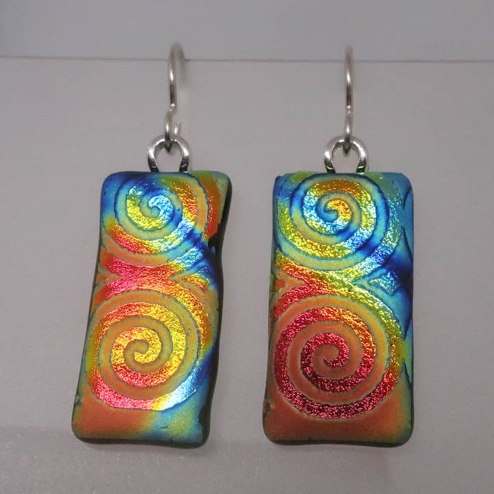 Sterling Silver Light texture spiral dichroic glass earrings for wholesale by McCray Studios
