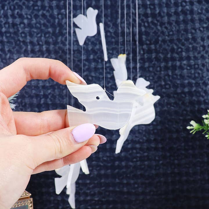 Natures Artifacts Inc - Wholesale Wind Chime - Wind Chime - White Onyx Doves|Gemstone Wind Chimes for Décor