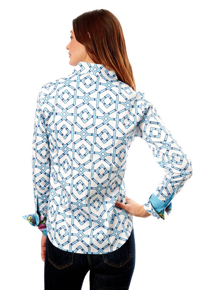 Dizzy-Lizzie - Wholesale Button Down Shirt - Women's - Rome Shirt Blue White Wicker Print
