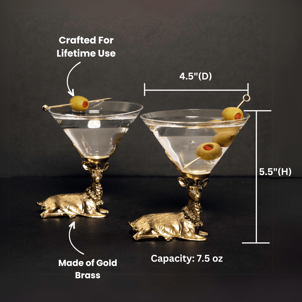 Jersey Art Glass - Wholesale Cocktail/Liquor Glass - Gold Stag Deer Martini Glasses (Set/2) | Cocktail Glasses2