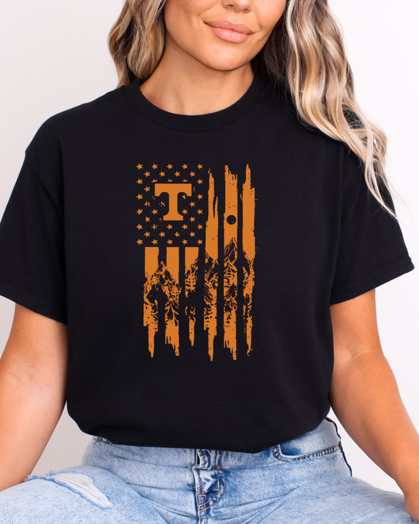 Top Knot Apparel - Wholesale Screen Printed T-Shirt - Women's - 🧡 Tennessee Mountains Flag Tee | Smoky Mountain Pride T-Shirt0