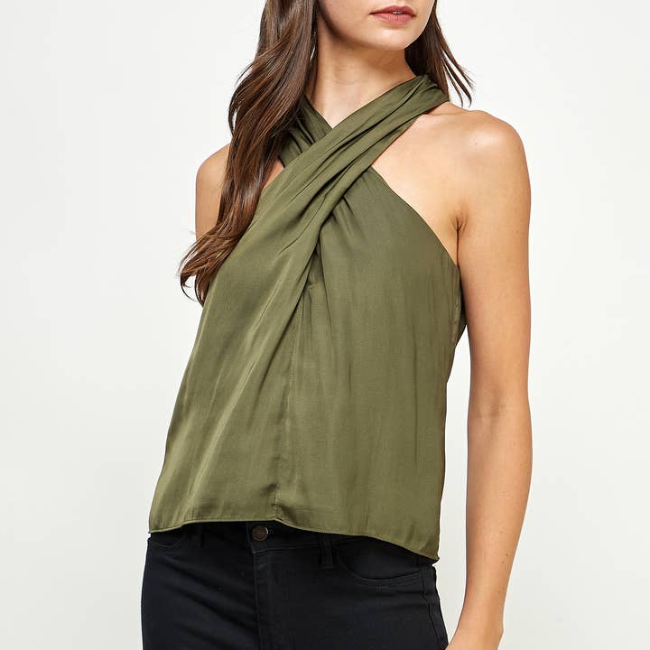 FT64870- CRUZ DE CETIM SÓLIDO SOBRE TOPO DO HALTER COM FECHO ÉCLAIR por atacado de FUN2FUN