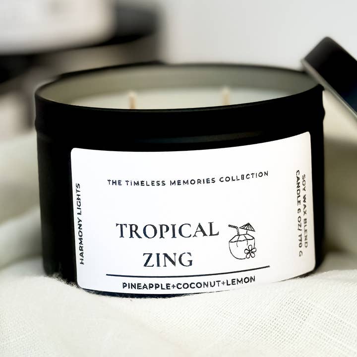 Tropical Zing - Boîte à bougie en forme de soja noire mate de 6 oz pour la vente par Harmony Lights
