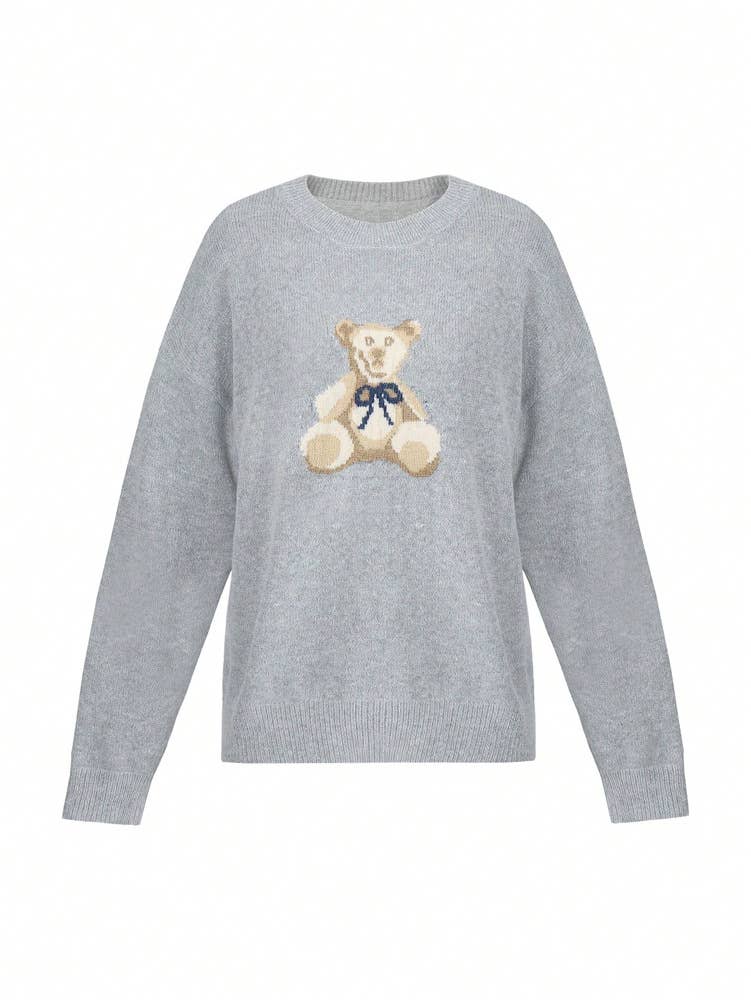 Grey Slouchy Teddy Bear Graphic Cozy Sweater for wholesale on Faire3