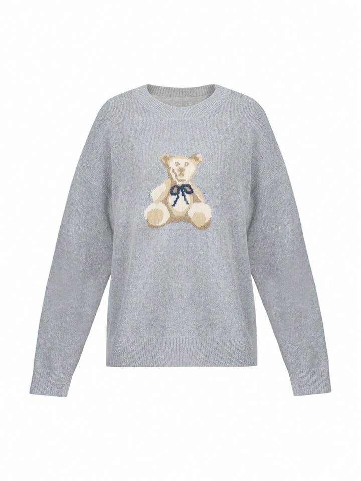 Grey Slouchy Teddy Bear Graphic Cozy Sweater for wholesale on Faire3