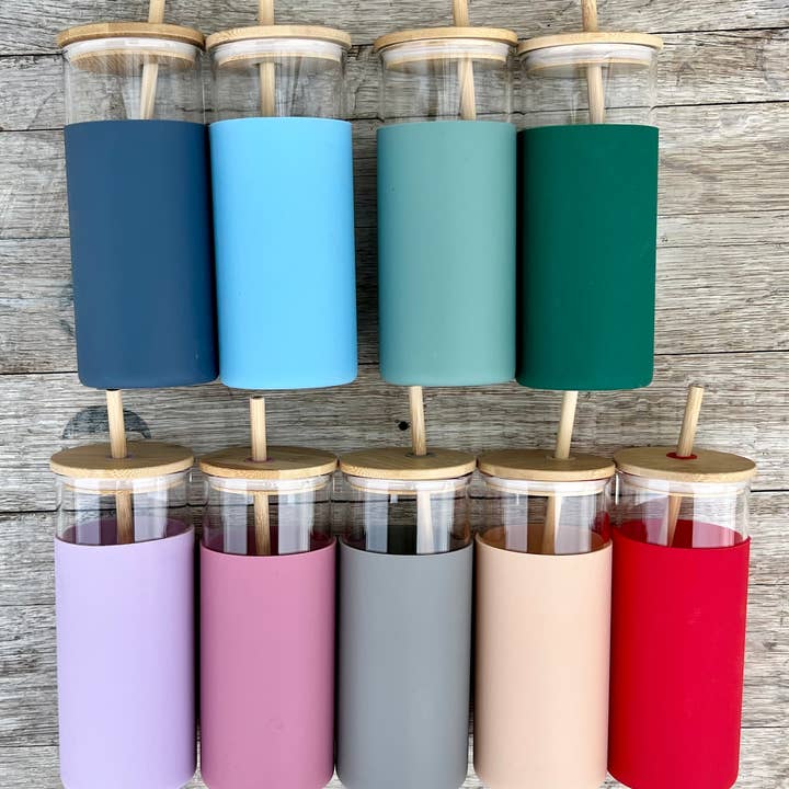 KW Custom Creations - Wholesale Drinking Glass/Cup - DISCONTINUED: Glass Tumbler w/Silicone Sleeve + Bamboo Lid/Straw