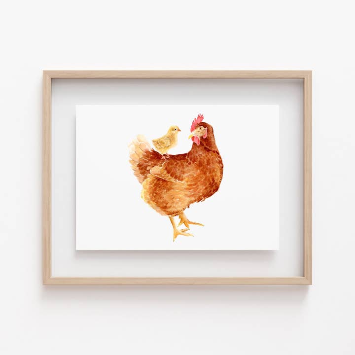 Mom and Baby Watercolor Chicken Print for wholesale by Carrie And The Brush