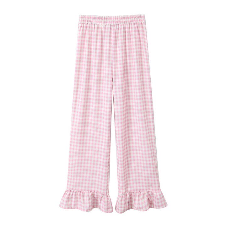 Rosa Clothing - Wholesale Pants - Women's - Gingham Trousers with Frill Hem