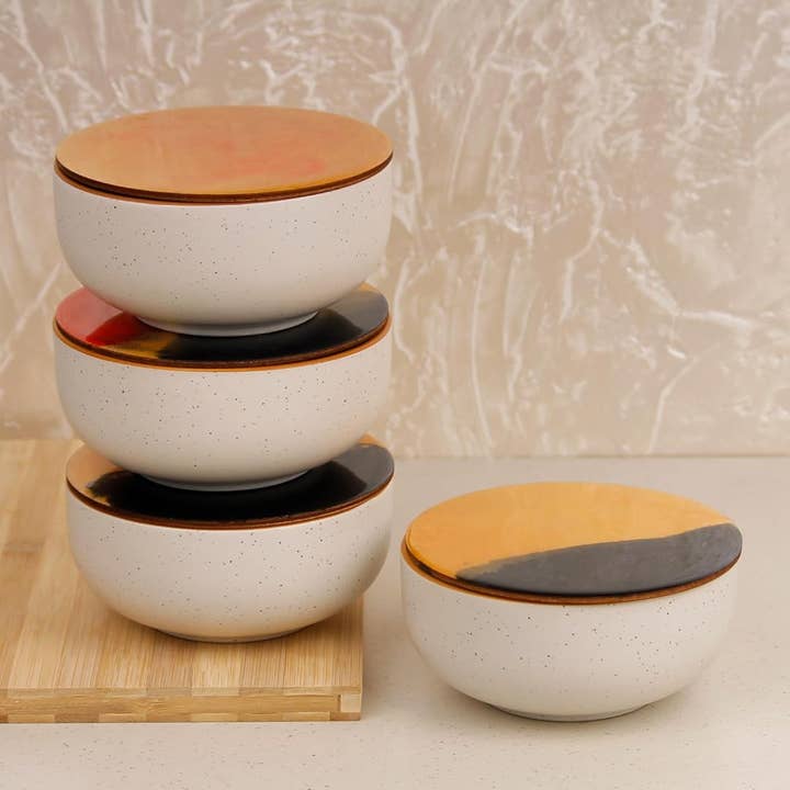 Set of 4, 500ML White Marble Ceramic Mixing Bowl with Lid for wholesale by GoGlocal