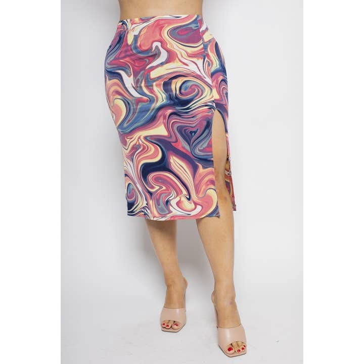 PLUS SIZE MARBLE PRINT SLIT MIDI SKIRT for wholesale by Curve Market